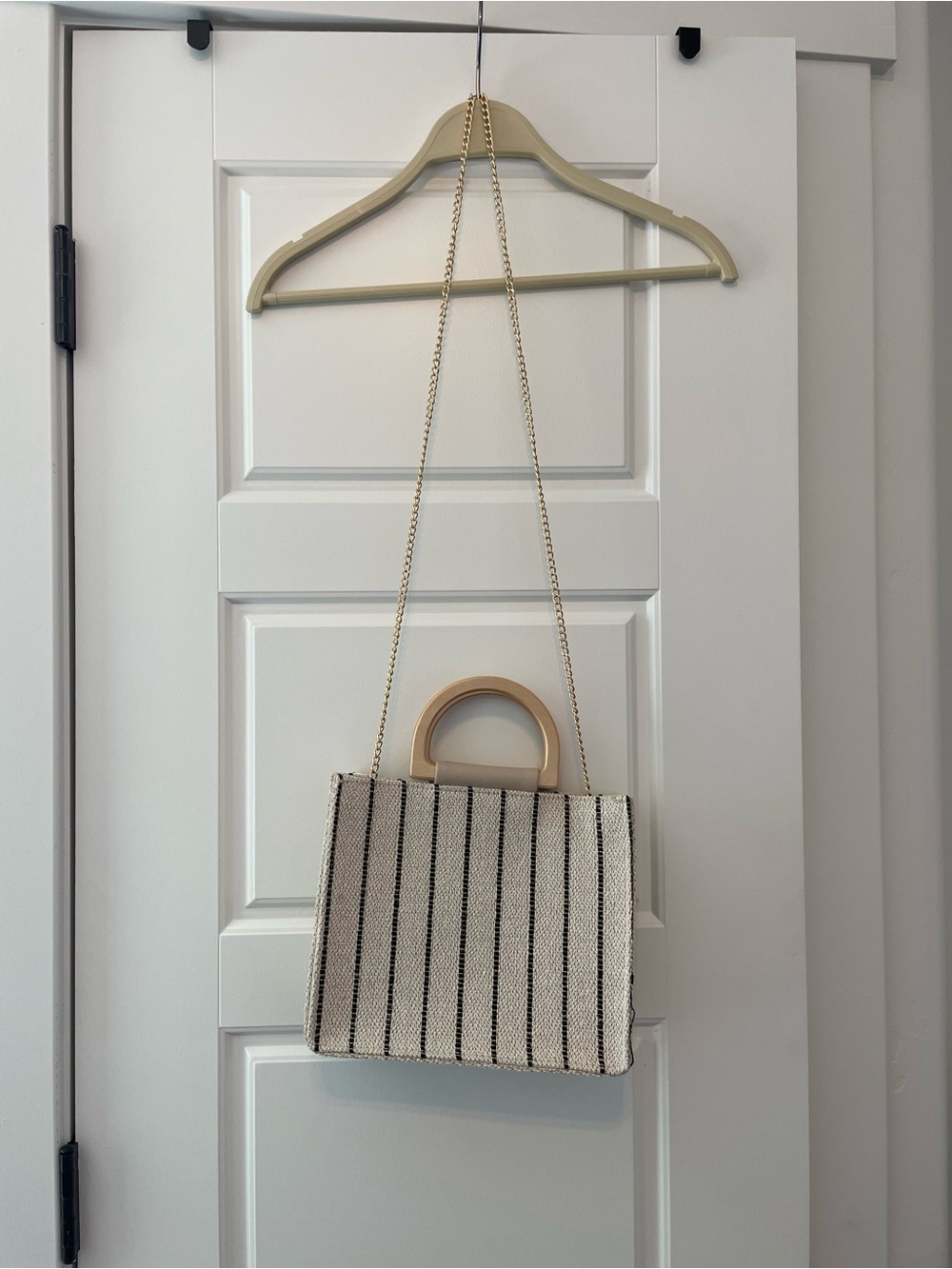 Isaac Mizrahi Cream and Black Striped Crossbody with Gold Chain